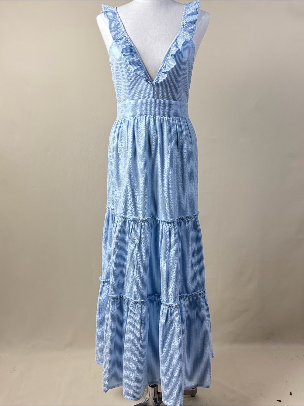 madison mathews blue striped open back tiered maxi dress nwt